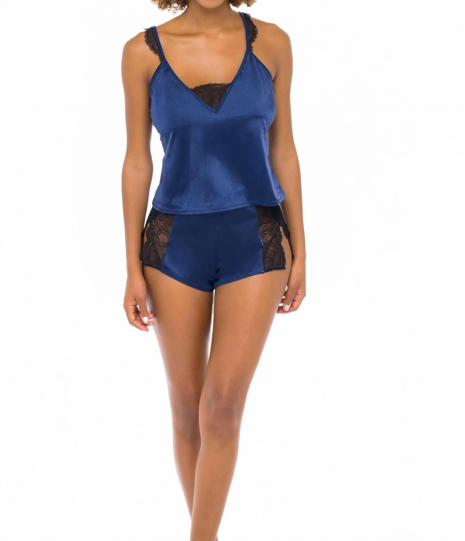 Saskia Lace Camisole & Short Set In Estate Blue / Black Abrasion Resistant Edges High Neckline