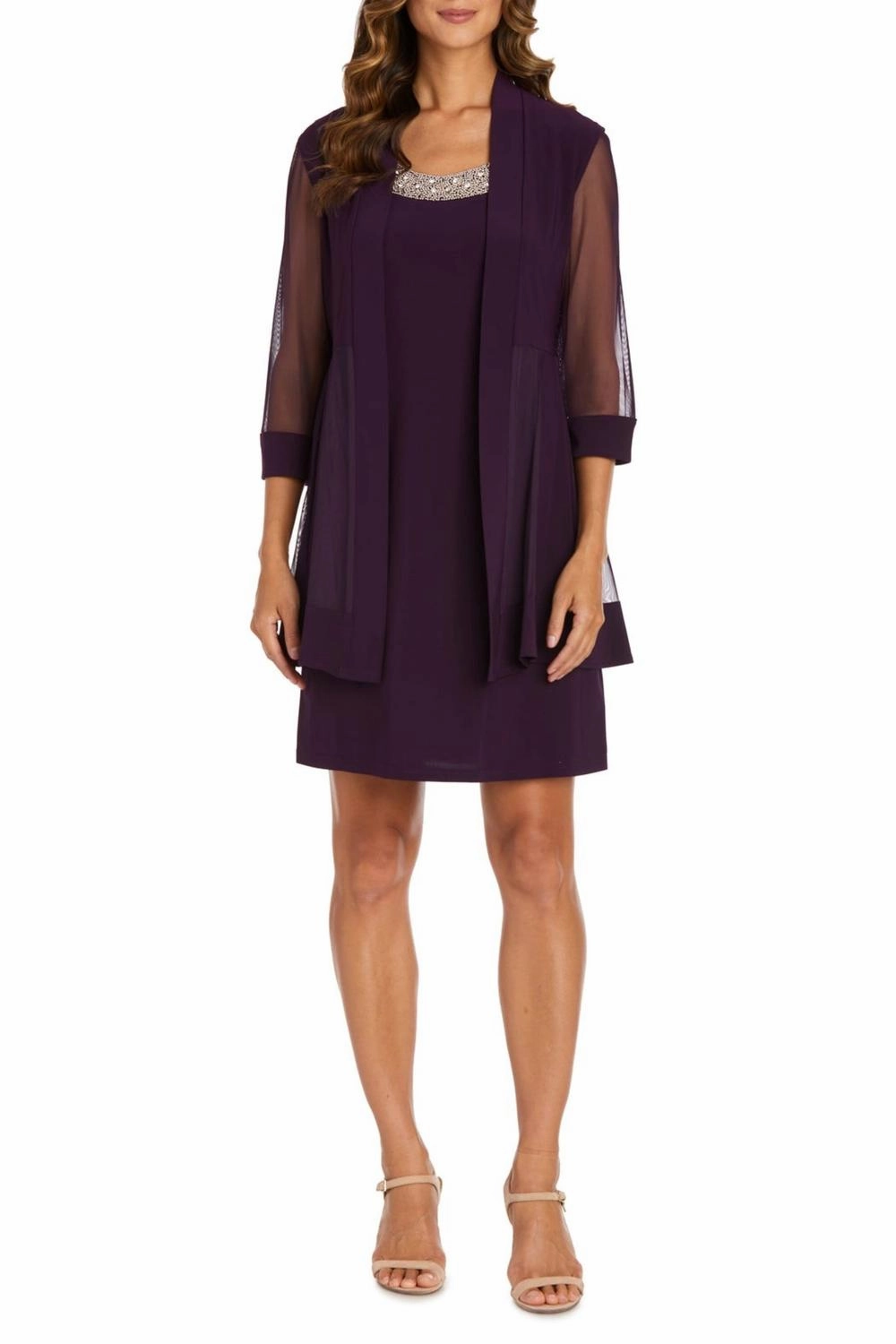 3/4 Sleeve Embellished Jacket & Dress Set In Plum Cozy Fabric Blend