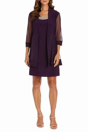 3/4 Sleeve Embellished Jacket & Dress Set In Plum Cozy Fabric Blend