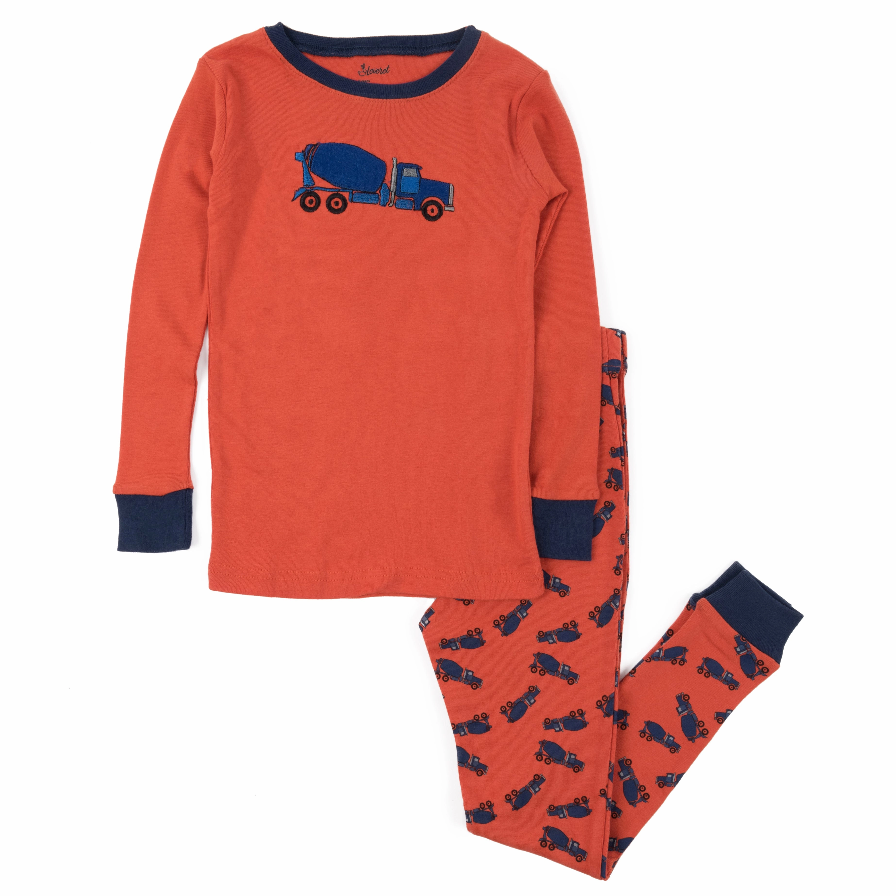 Breathable Knitwear Adjustable Drawcord Kids Two Piece Cotton Pajamas Cement Truck