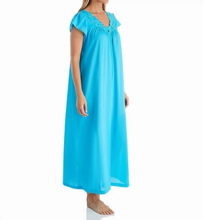 Plush Brushed Interior Rosebud Long Cap Sleeve Nightgown In Turquoise