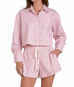 Stripe Button-Up Top & Shorts Set In Pink Soft Jersey Knit Tencel Blend