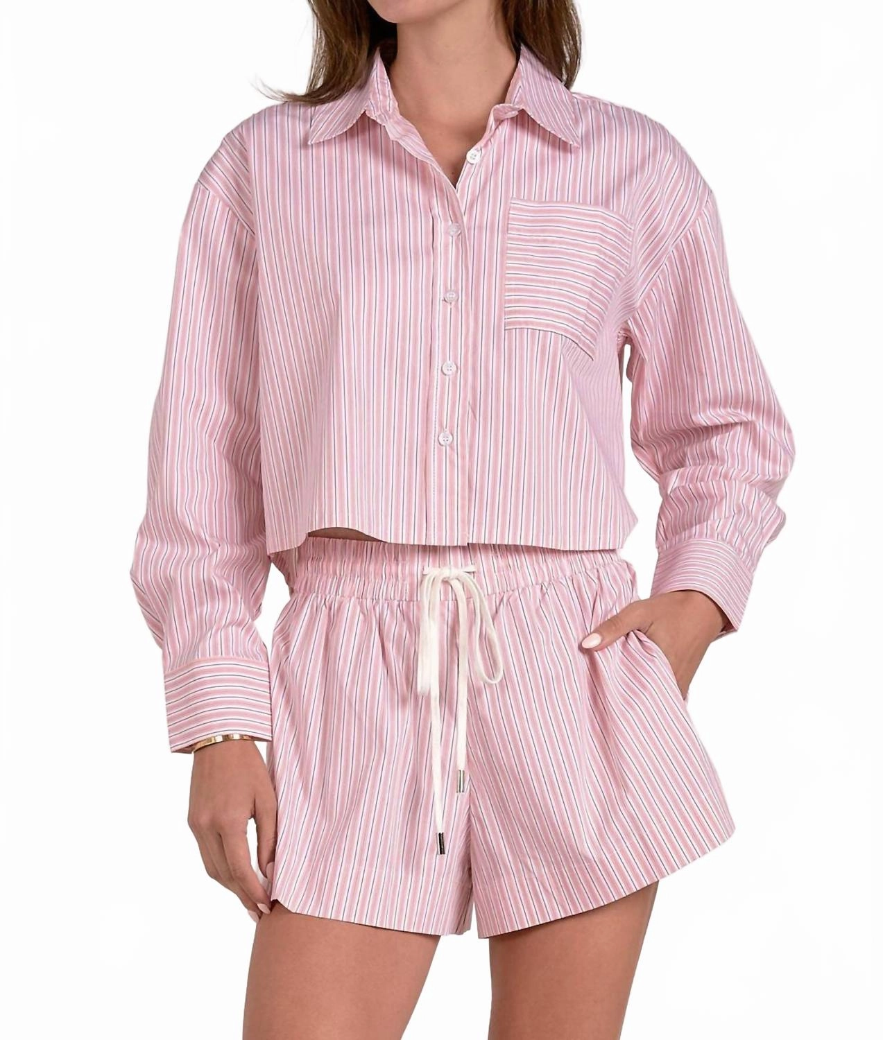 Stripe Button-Up Top & Shorts Set In Pink Flatlock stitching