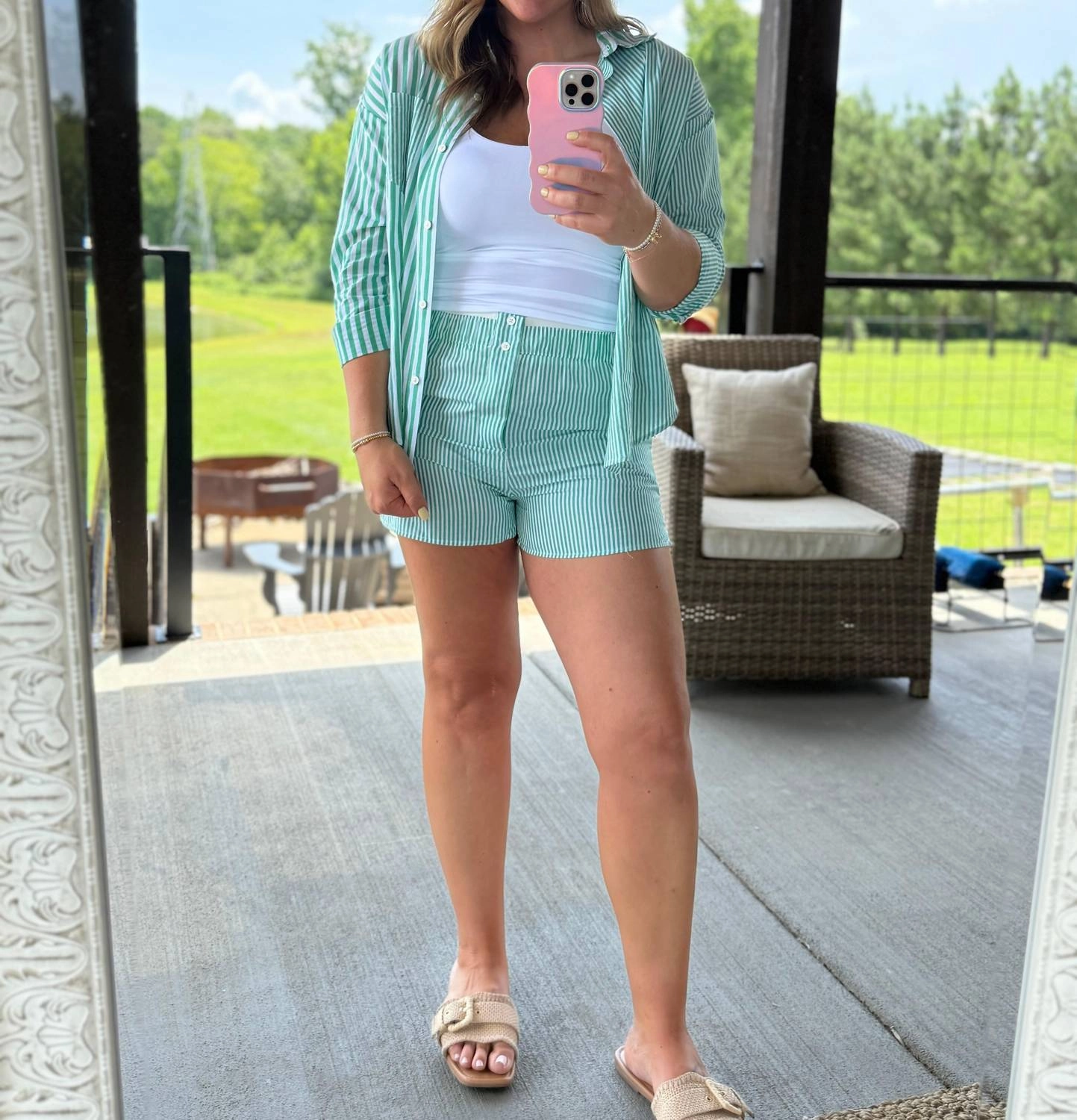 Stretch Elastic Waistband Striped Oversized Shirt Top & Shorts Set In Green