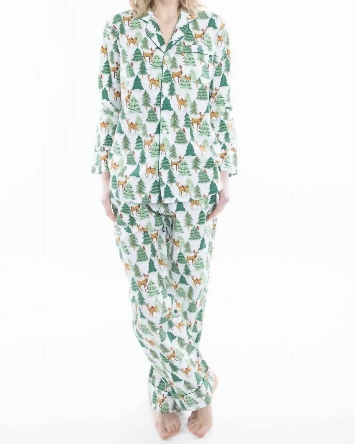Brushed Inner Layer Zero Irritation Finish Deer Jamas Long Sleeve Set Pajama In White