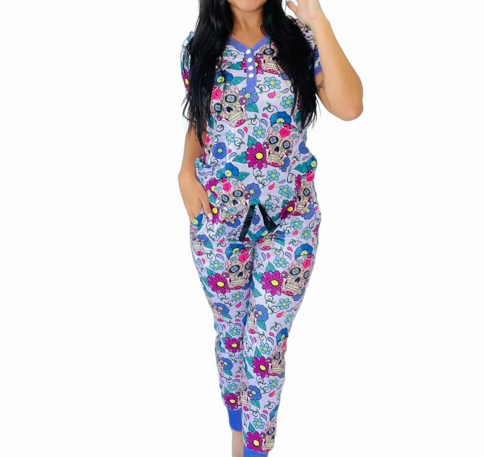 Sugar Skulls Loungewear Set In Multi Plush Terry Cloth