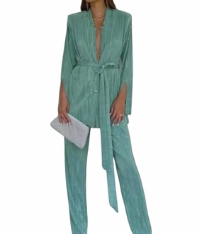 Sukianna Plisse Pants Set In Seafoam Tagless Comfort Drapey Texture
