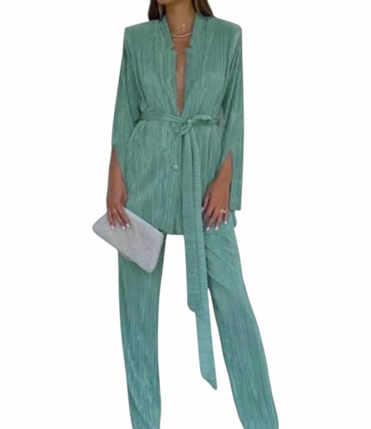 Sukianna Plisse Pants Set In Seafoam Wide Leg Cut