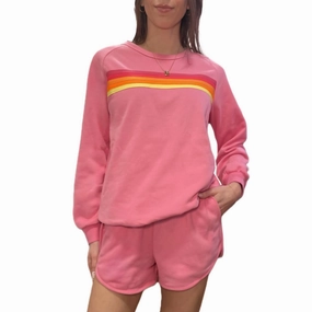 Cozy Thermal Insulation Flexible Ribbed Cuffs Color Contrast Top And Short Set In Pink