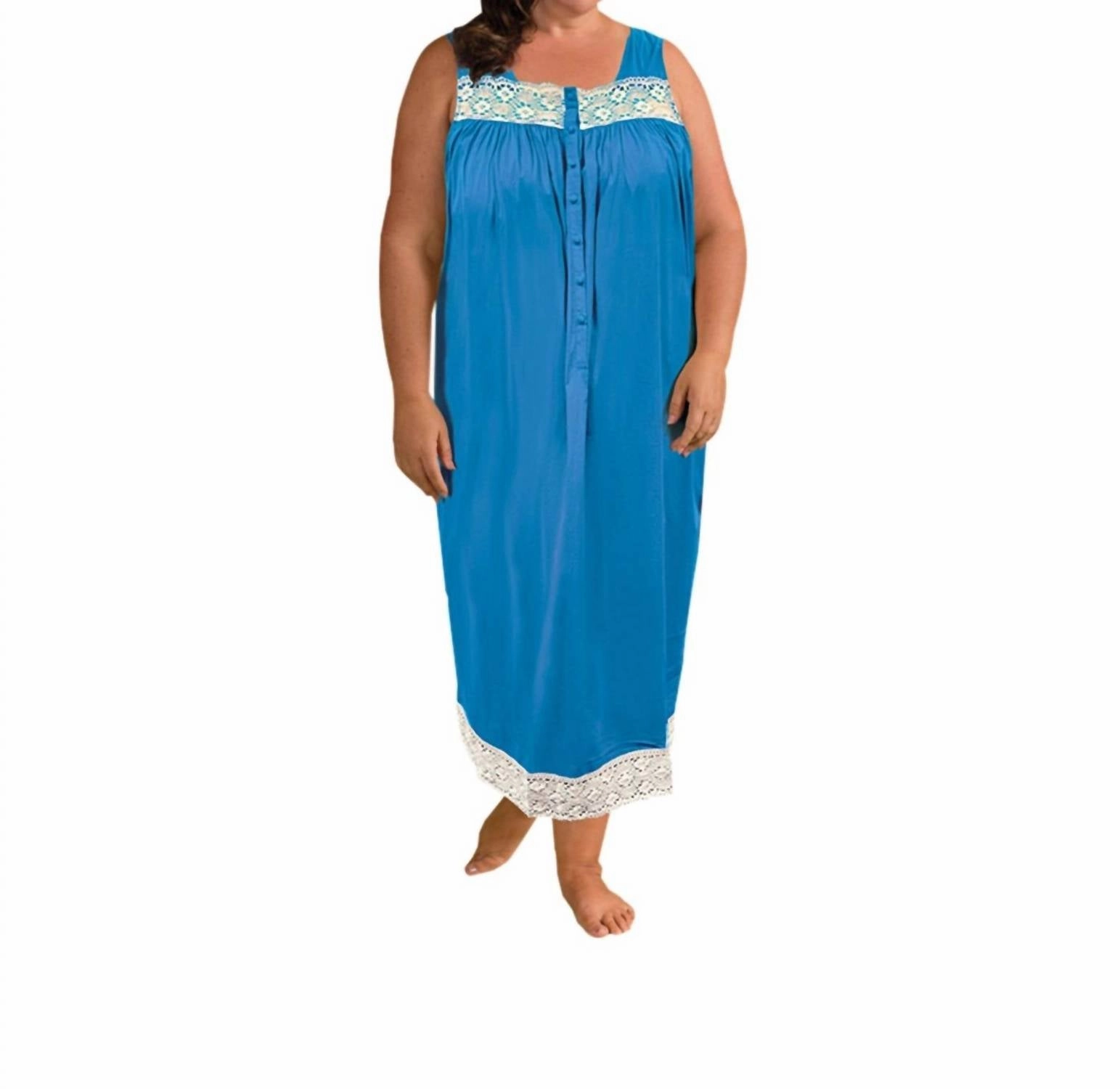 hypoallergenic material Brushed Cotton Ultra Soft Lace Trim Sleeveless Nightgown - Plus In Blue