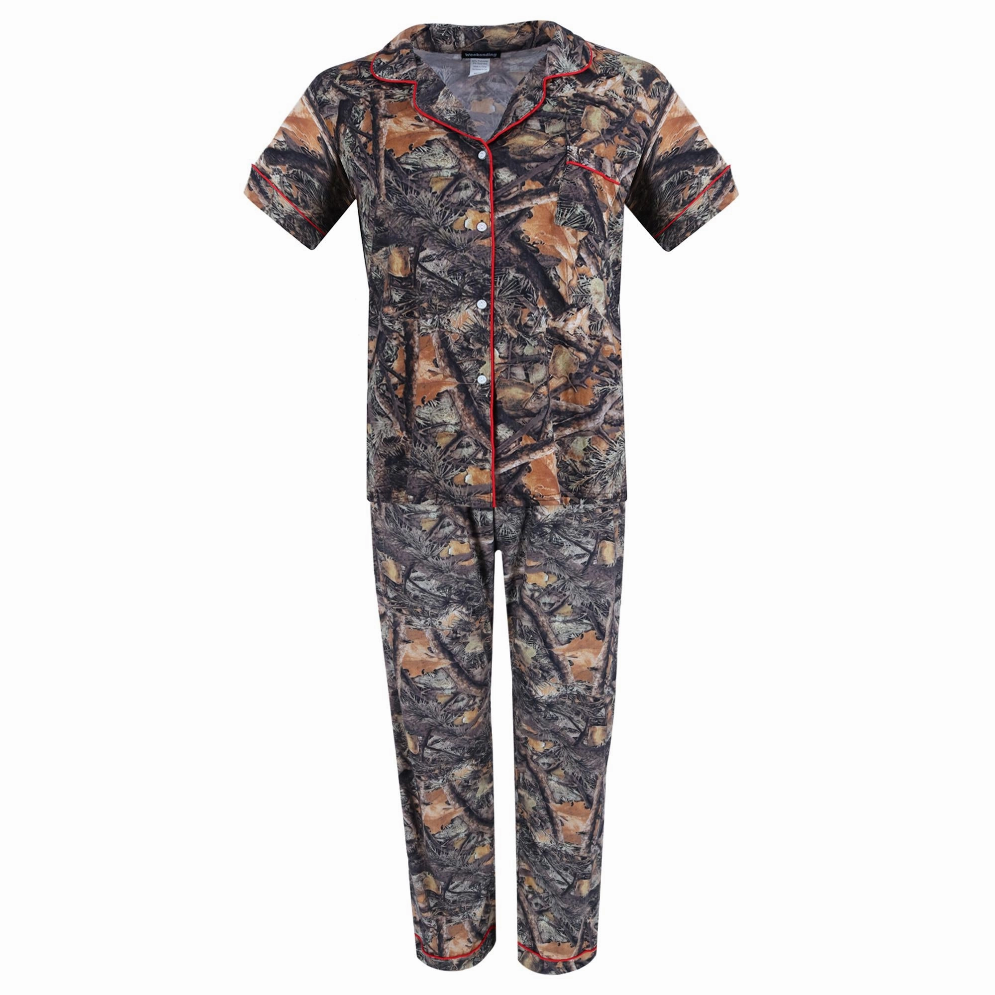 Women's Short Sleeve Camo Pajama Set Plush Inner Layer Layered Neckline