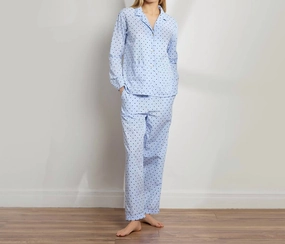 Swiss Dot Cotton Long Pj Set In Light Blue Plush Fleece Lining