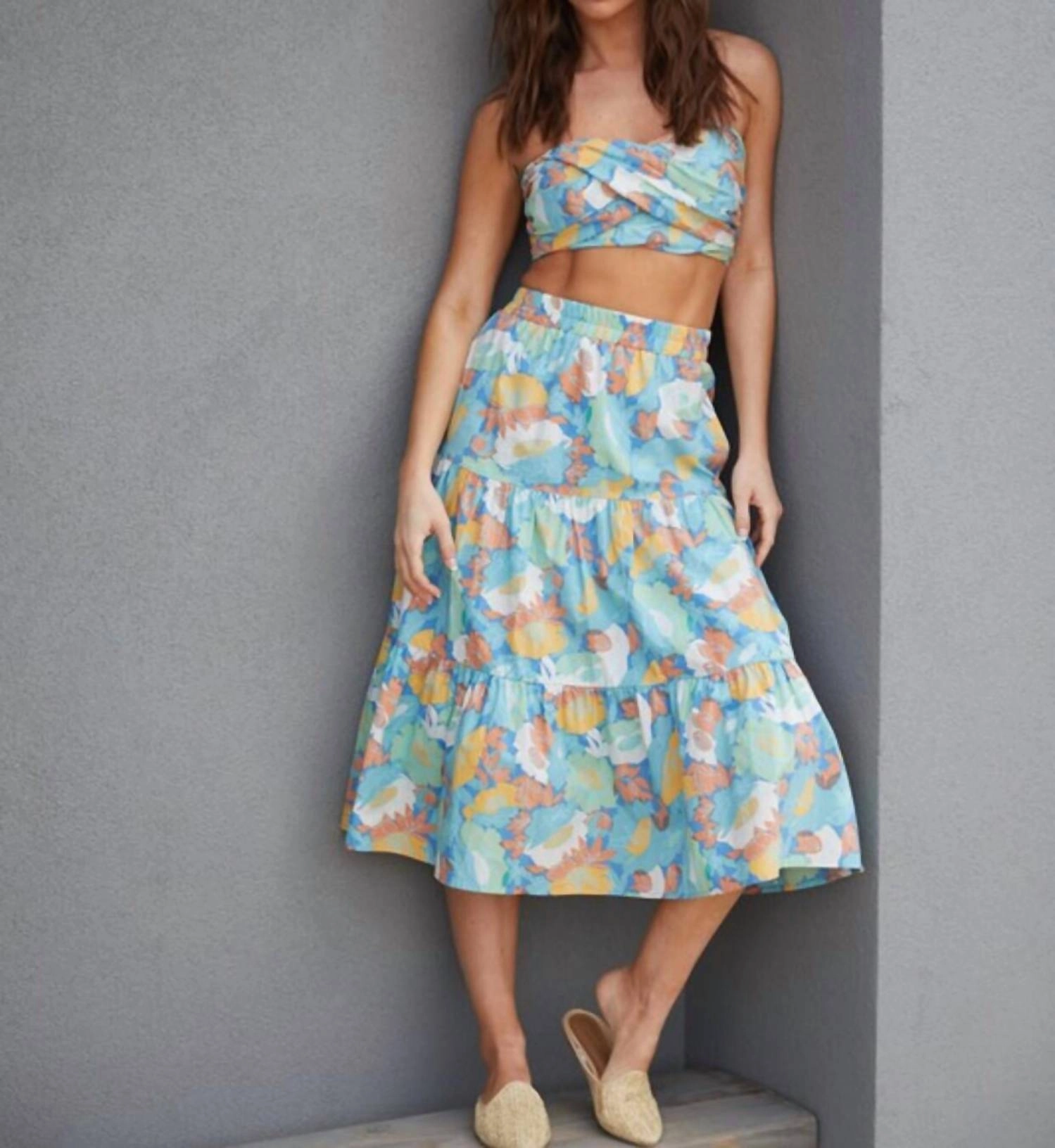 Ribbed Cuff Ankles Alyssa Floral Twisted Tube Top Midi Skirt Set In Blue/ Green/ Yellow
