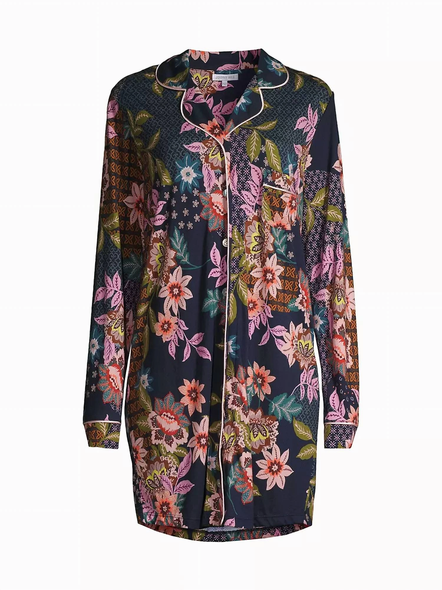 Stretchable Fabric WrinkleResistant Finish Long Sleeve Sleep Shirt In Delfino