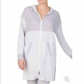 Zip Front Double Knit Hooded Robe In White/gray Stretch waistband Eco Friendly Fabric