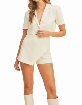 Crop Jacket & Skort Set In Cream Non Restrictive Design Tear Resistant Knit