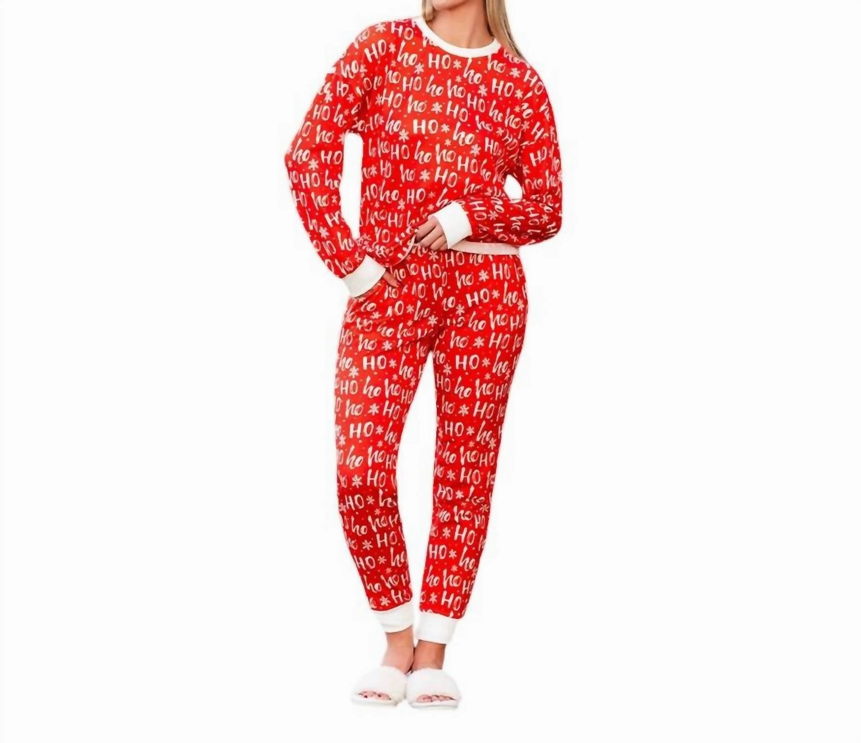 Ho Ho Ho Pajama Set In Red Double Needle Stitching