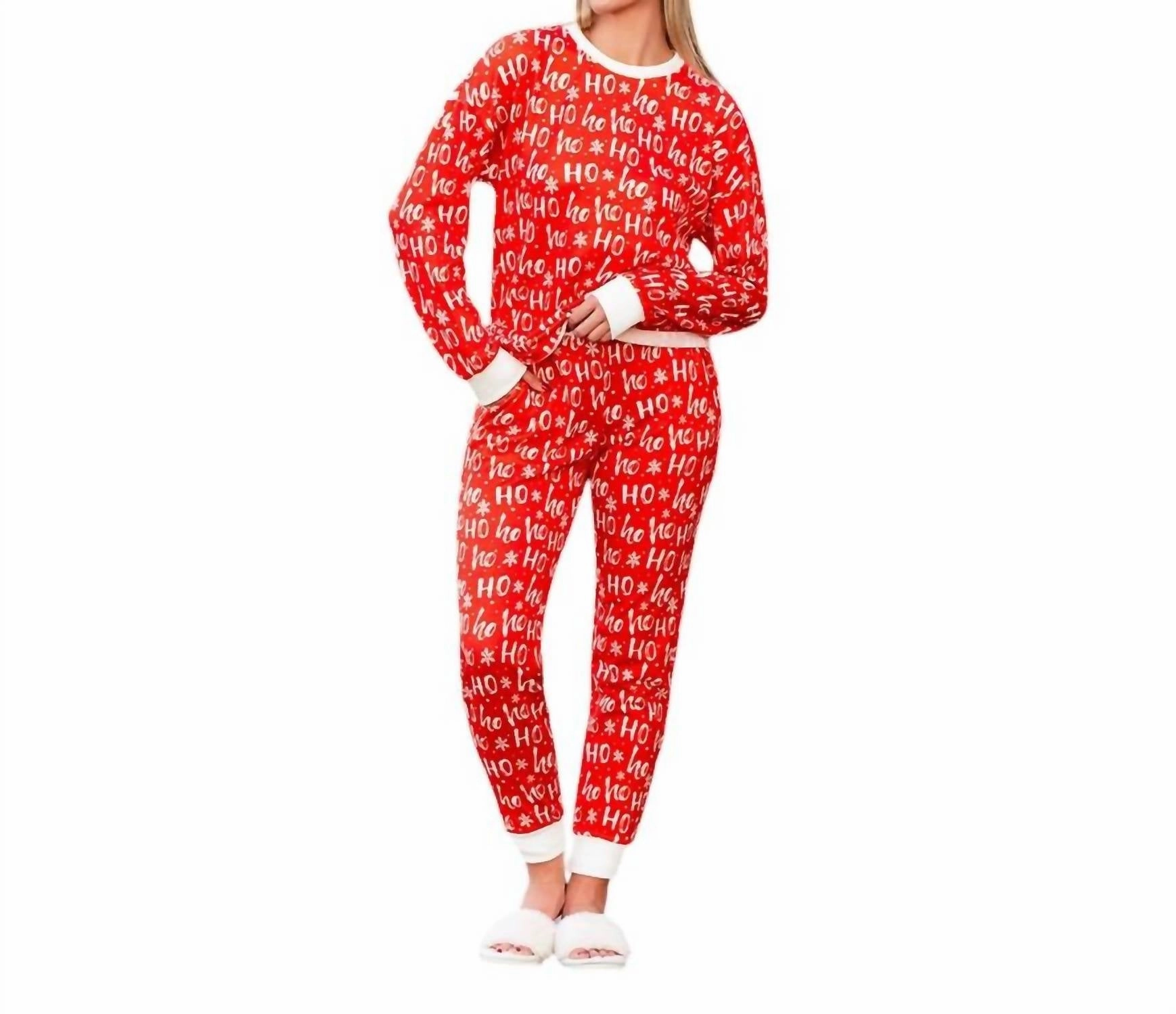 Lightweight Construction Flatlock Seams Ho Ho Ho Pajama Set In Red