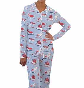 wrinkle free finish Pajama Pant-Set Ski Dogs In Light Blue