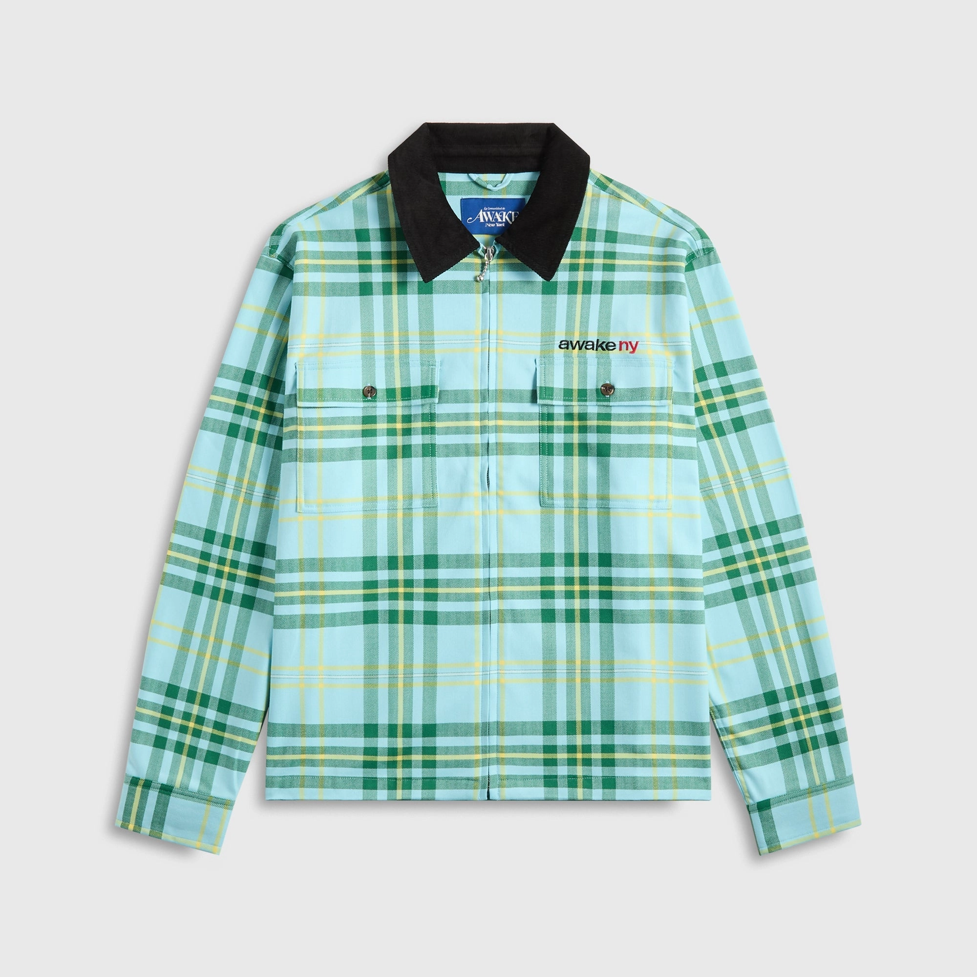 Organic Cotton Blend Elastic Binding Awake NY Plaid Flannel Shirt - Turquoise