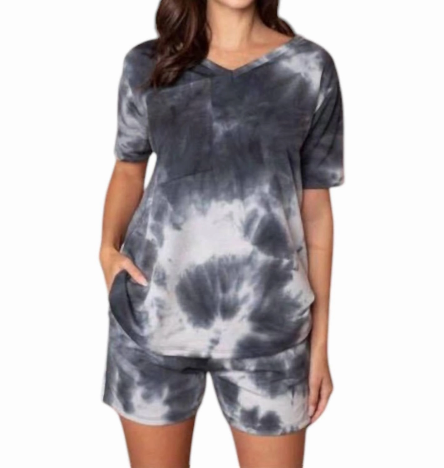 Ellie Tie Dye Short Set In Charcoal Moisture Wicking Technology Smooth zipper closure