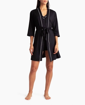 Peached Jersey Three-Piece Sleepwear Set In Black Butterfly Hem Detail