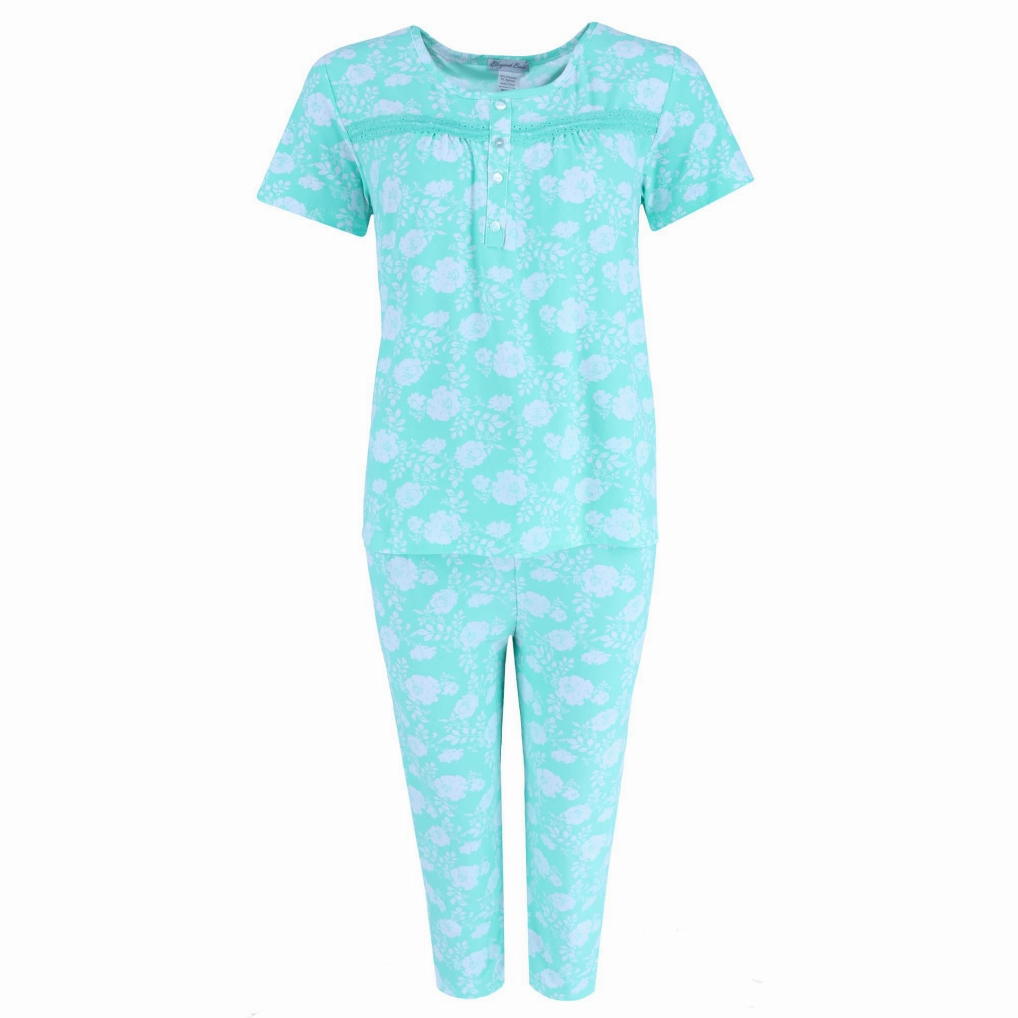Women's Plus Mint Floral Capri Set Reinforced Hems