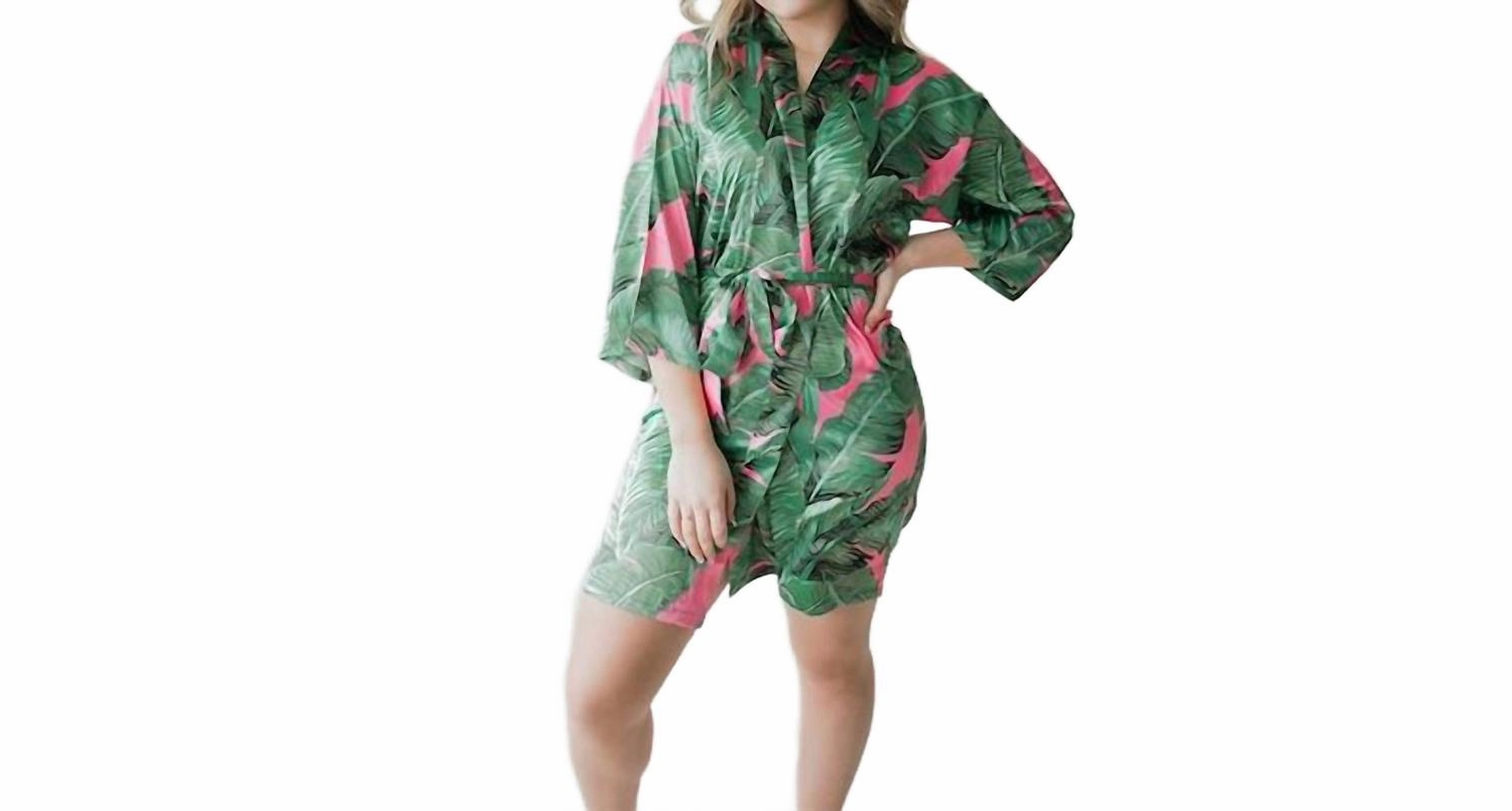 Palm Leaf Bridesmaid Robe In Oasis Pink Stretchable Fabric Stretch Elastic Waistband