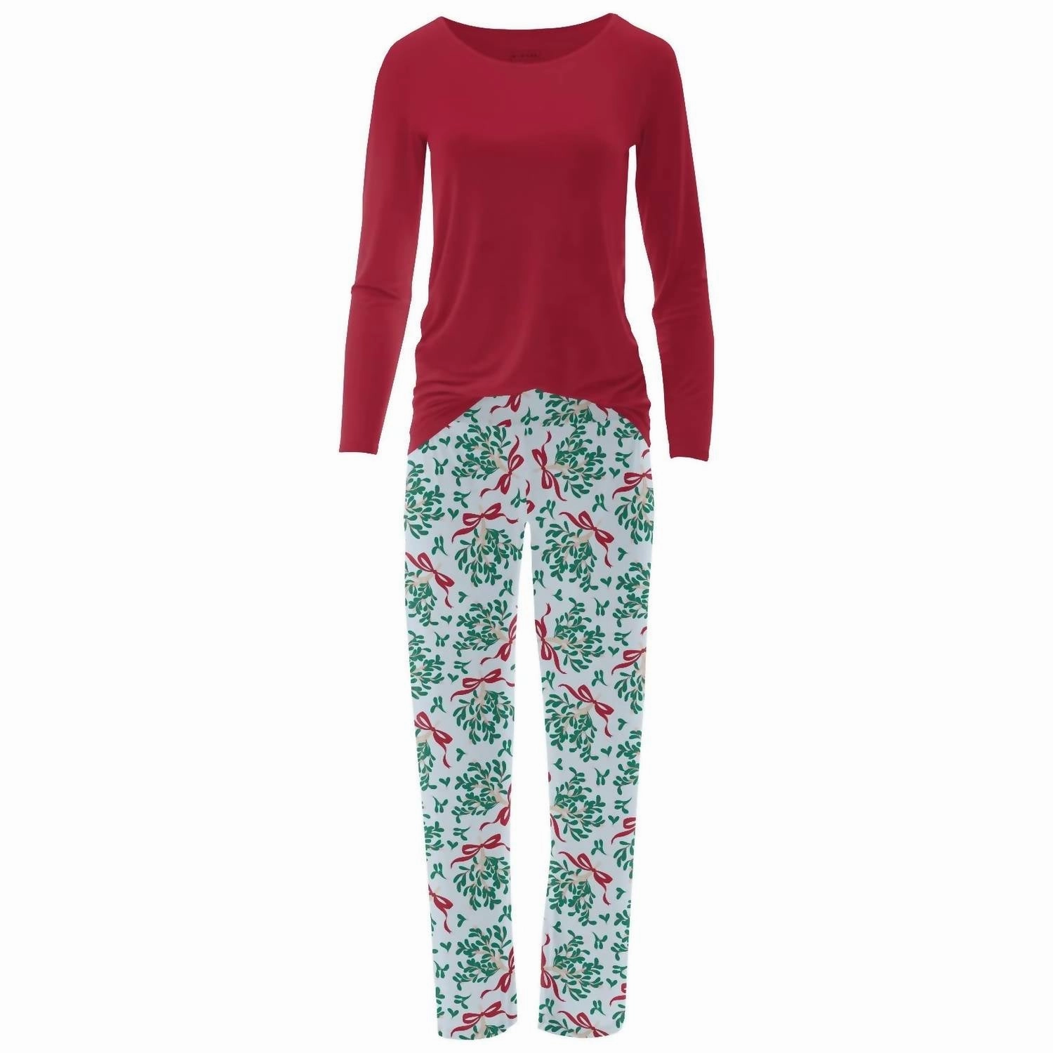 Women's Long Sleeve Tee & Pajama Pants Set In Illusion Blue Mistletoe & Ribbons Dropped Shoulder Cut