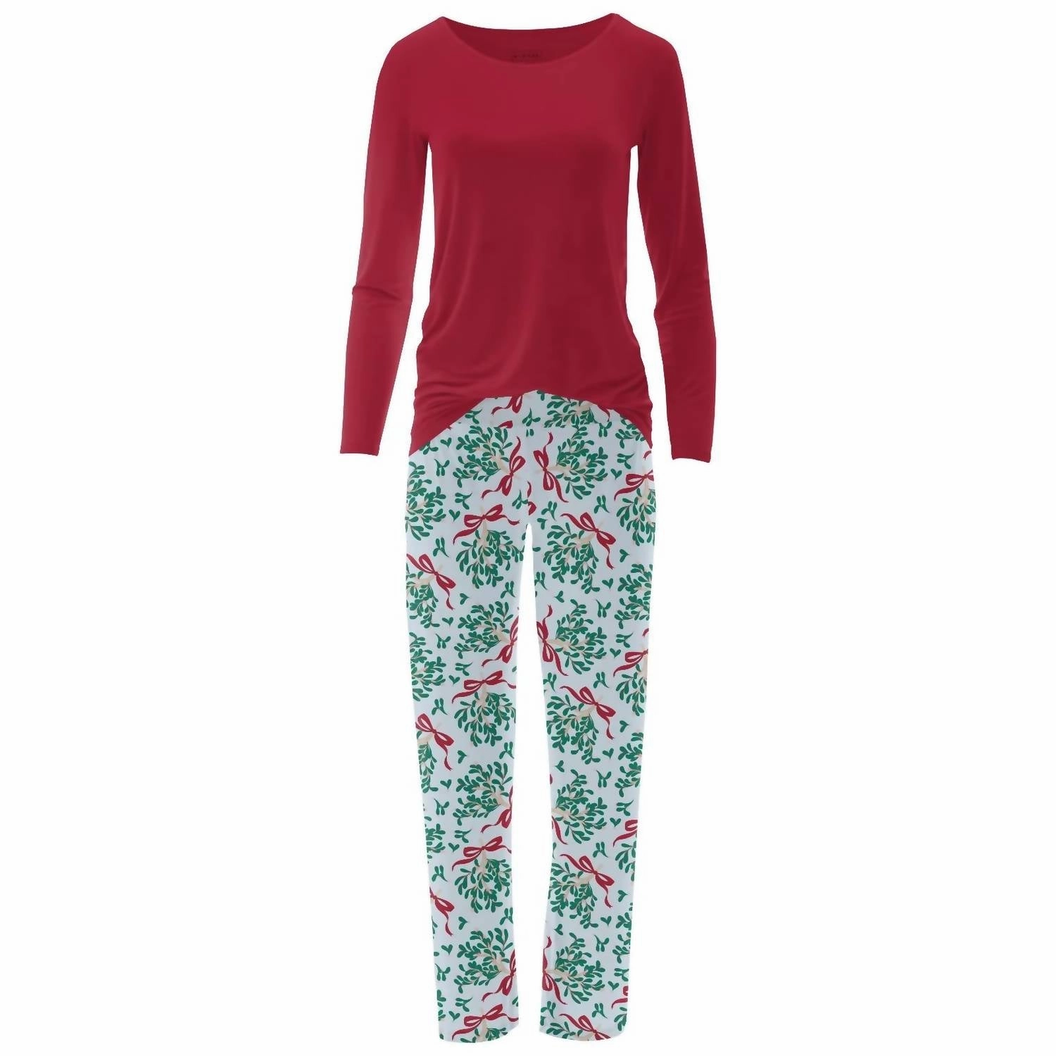 Women's Long Sleeve Tee & Pajama Pants Set In Illusion Blue Mistletoe & Ribbons Anti Pilling Process