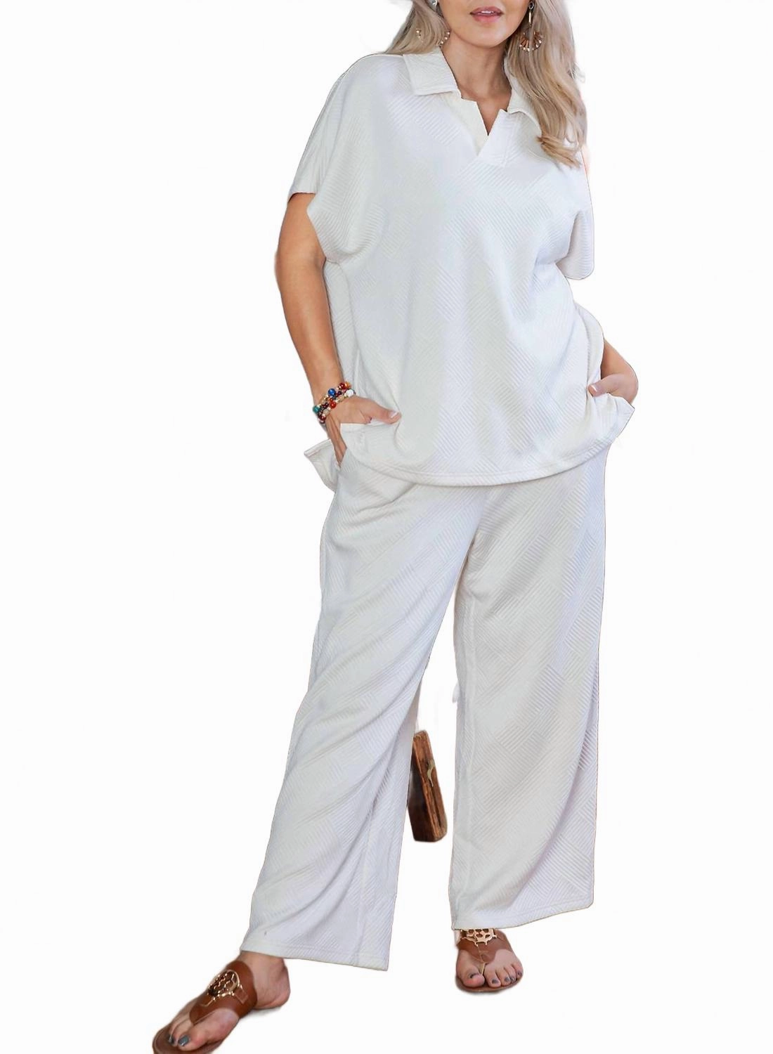 Textured Collared Top And Pants Set For Women - Plus In Beige Reinforced Edges Adjustable Drawcord