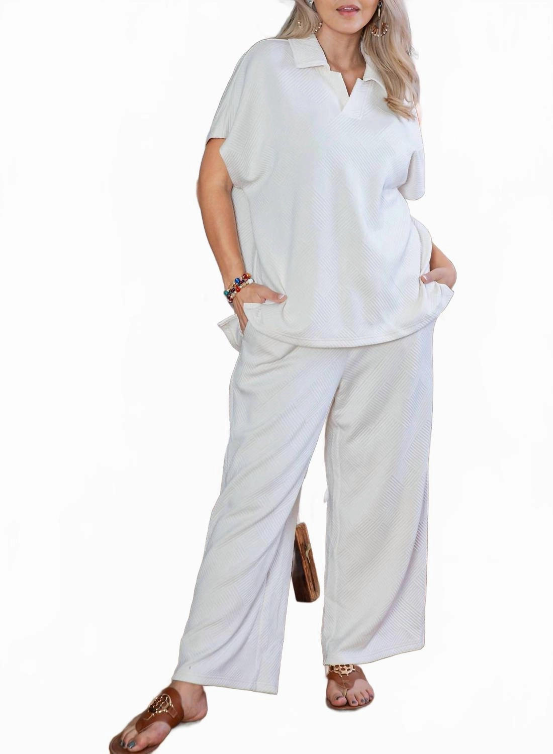Textured Collared Top And Pants Set For Women - Plus In Beige Wide Collar FourWay Stretch