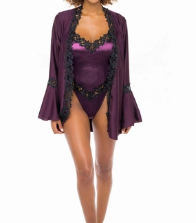 Thea Embroidered Short Robe In Italian Plum / Black WrinkleResistant Fabric