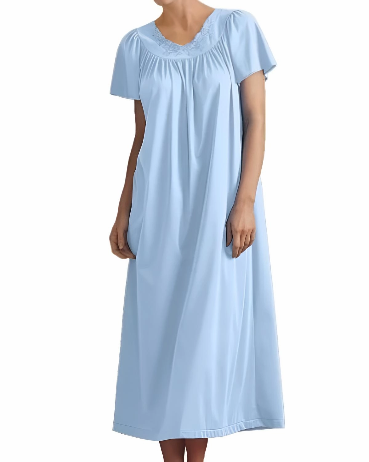 Flower Petal Embroidery And Flutter Sleeves Long Nightgown In Blue Stretchable Fabric