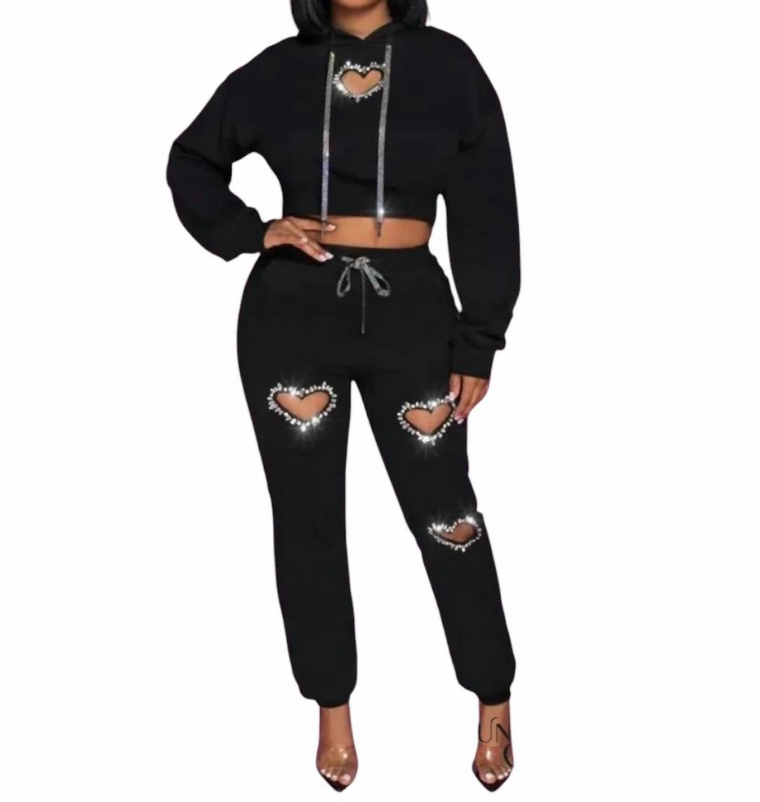 Karlie Heart Cutout Crop Top & Jogger Set In Black Seamless construction