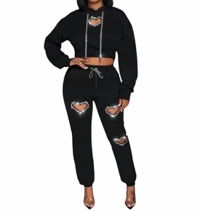 Karlie Heart Cutout Crop Top & Jogger Set In Black Anti Pill Surface Breathable fabric