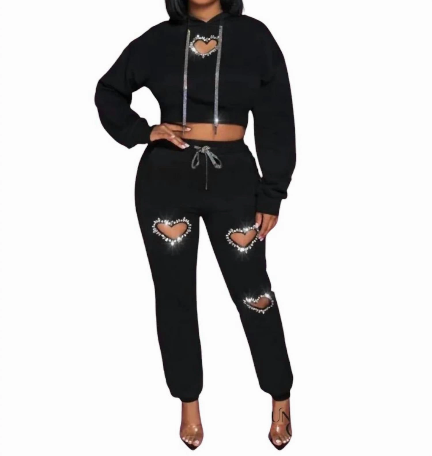 Reinforced Stitching Karlie Heart Cutout Crop Top & Jogger Set In Black