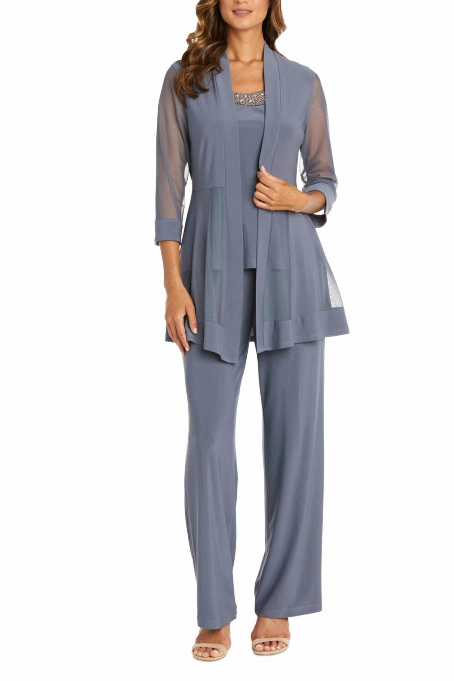 Embellished Neck 2-Piece Pants Suit In Charcoal French Terry Zipper Free Design