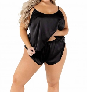 Non Restrictive Waistband Double Stitched Edges Soft Satin Tulip Short Set - Plus In Black