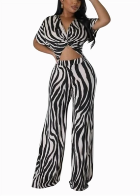 Zebra Stripped Pant Set In Black/white Thermal regulation Textured Ribbed Collar