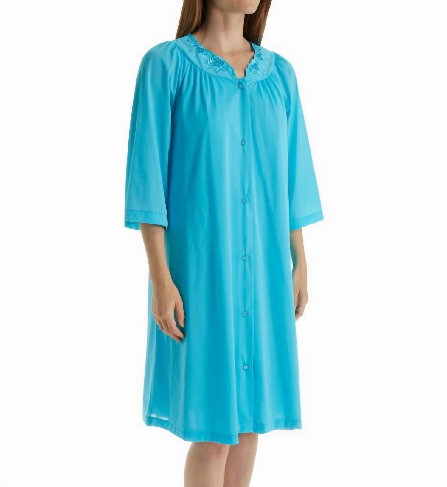 Short 3/4 Sleeve Button Down Robe In Turquoise Machine Washable Fabric