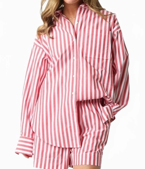 Striped Red Short Set Ribbed Cuffs High Elasticity Fabric