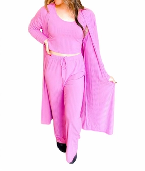 Three Piece Lounge Set In Pink Relaxed Silhouette