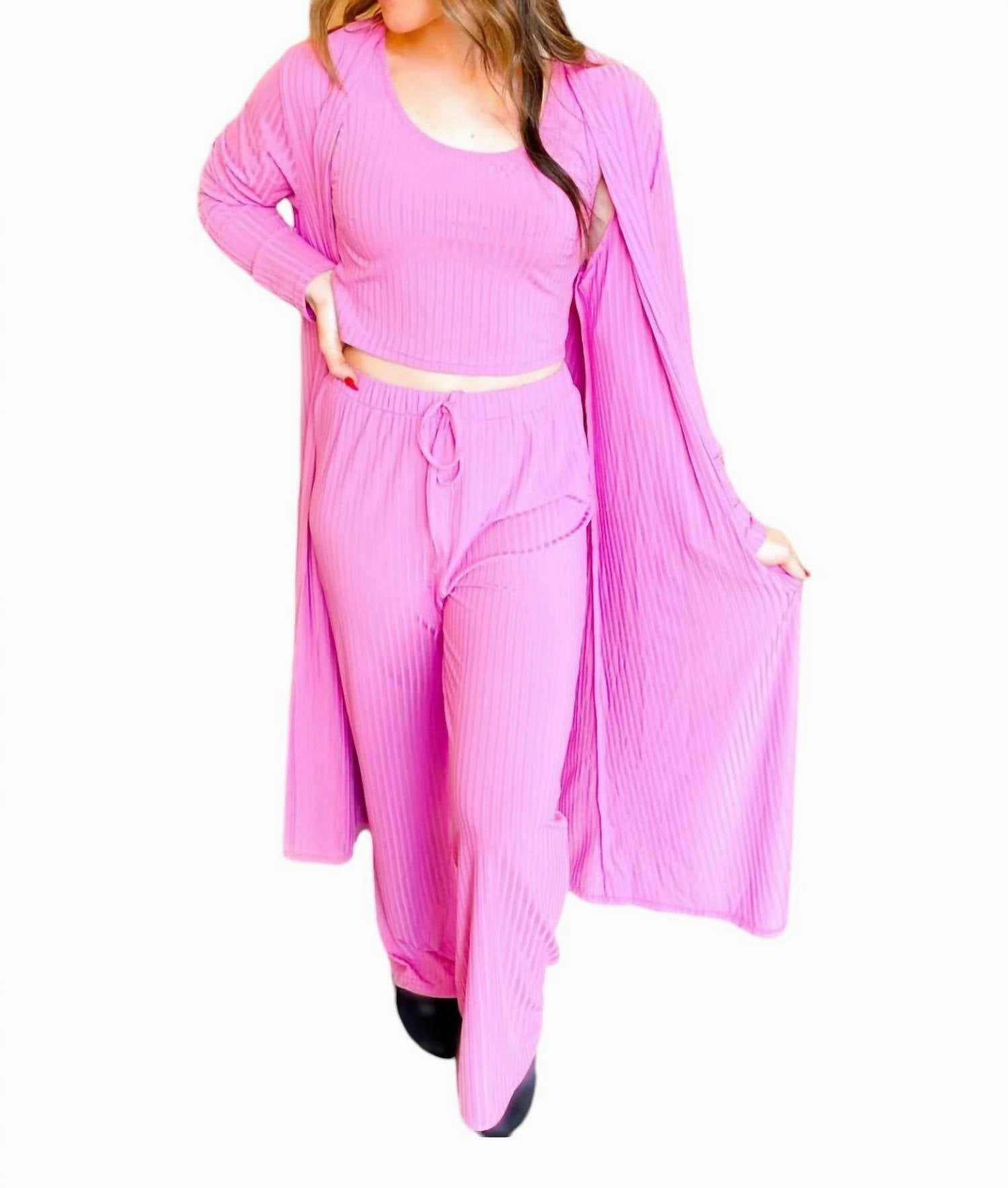 Three Piece Lounge Set In Pink Flexible Ribbed Cuffs AllDay Comfort