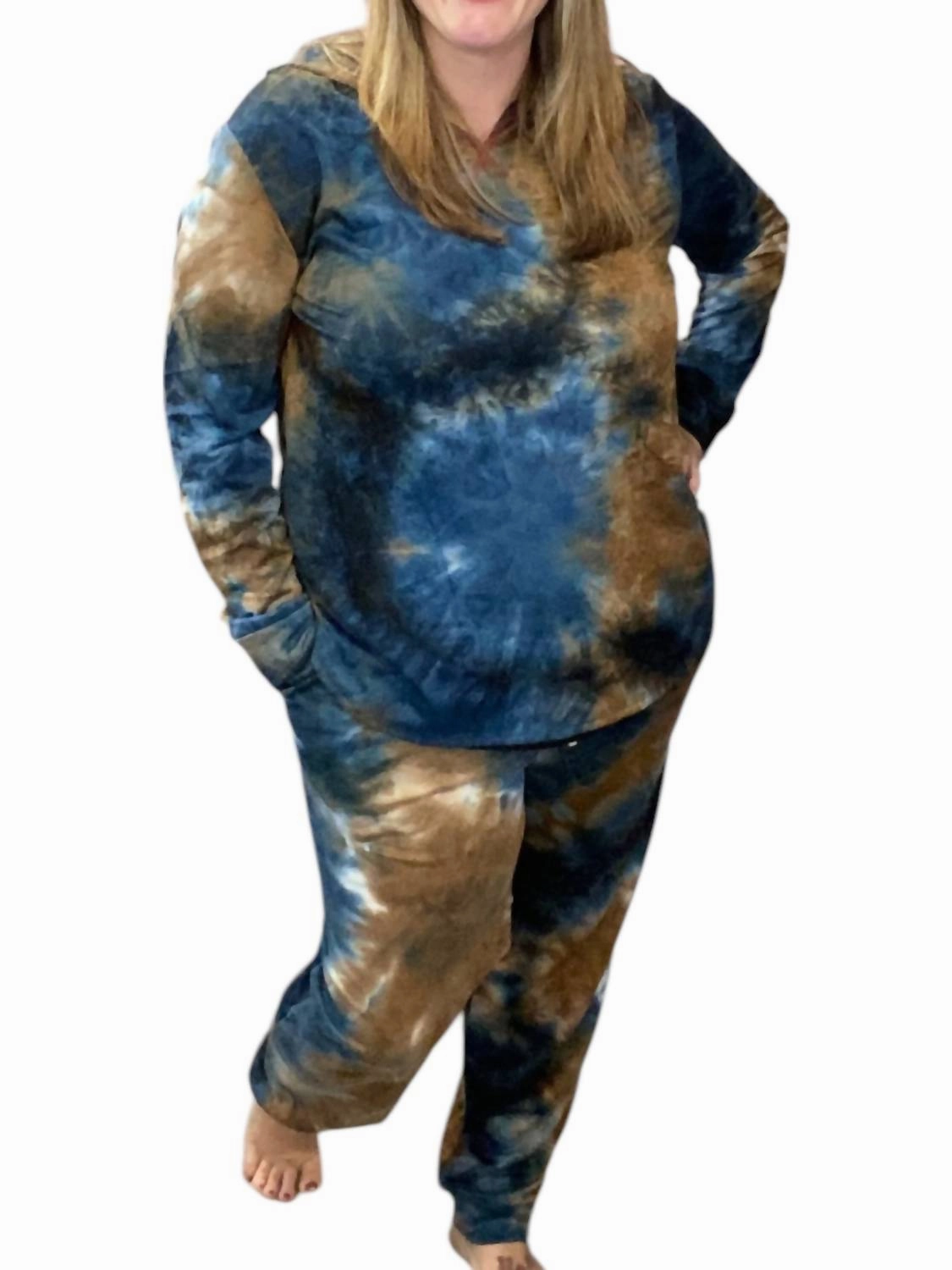 Loose Fit Layered Collar Tie-Dye Lounge Set In Blue/taupe