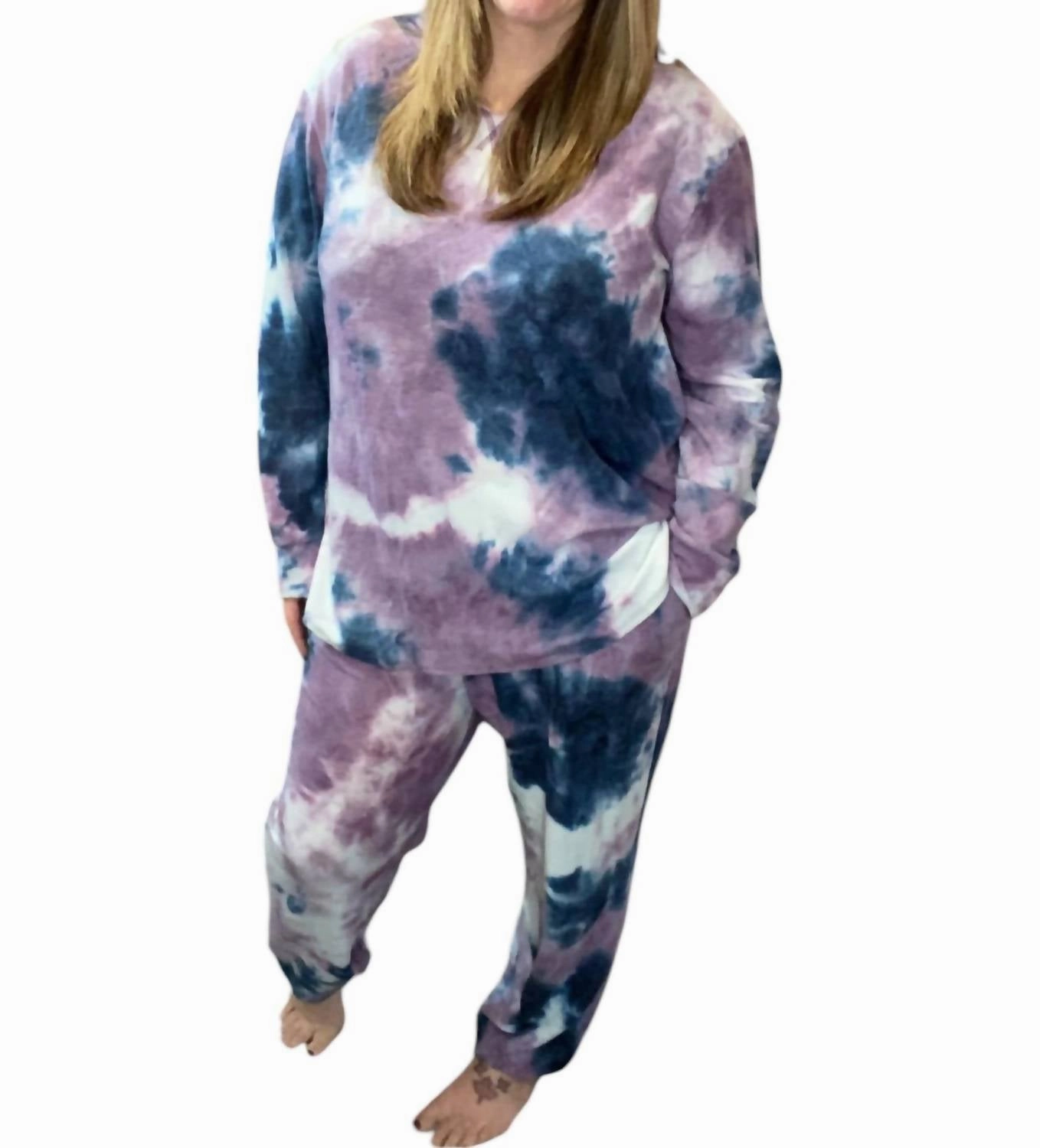 Tie Dye Lounge Set In Purple/navy Odor Resistant Treatment Brushed Inner Layer