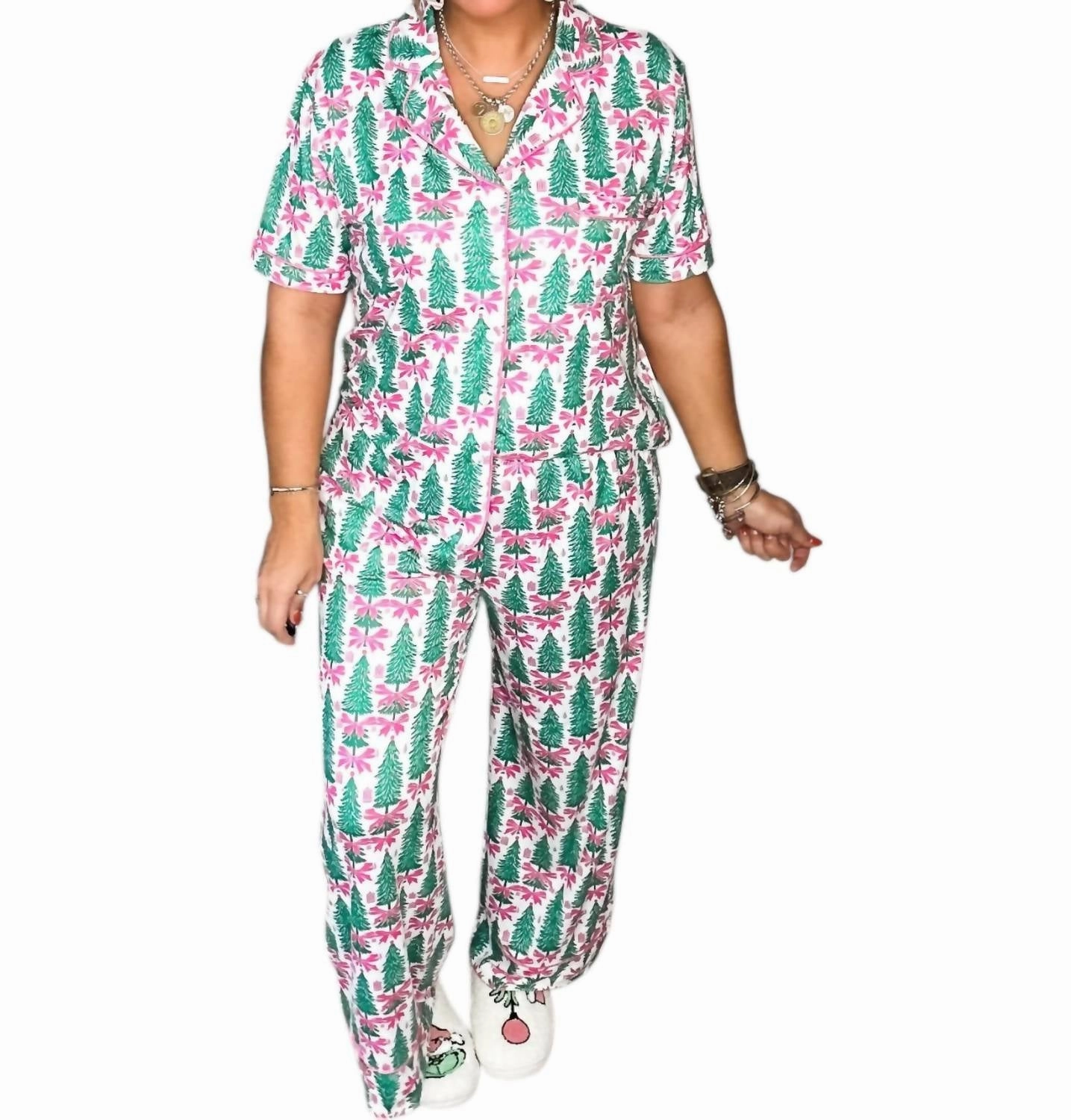 Butterfly Hem Detail Flexible Stretch Material Tis The Season Luxe Pajama Set In Green/pink/white