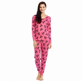 Layered Neckline Womens Two Piece Cotton Pajamas Pink Skulls