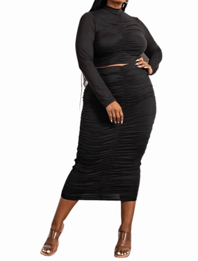 Reinforced Hems Two Piece Long Sleeve Ruched Top And Skirt Set In Black