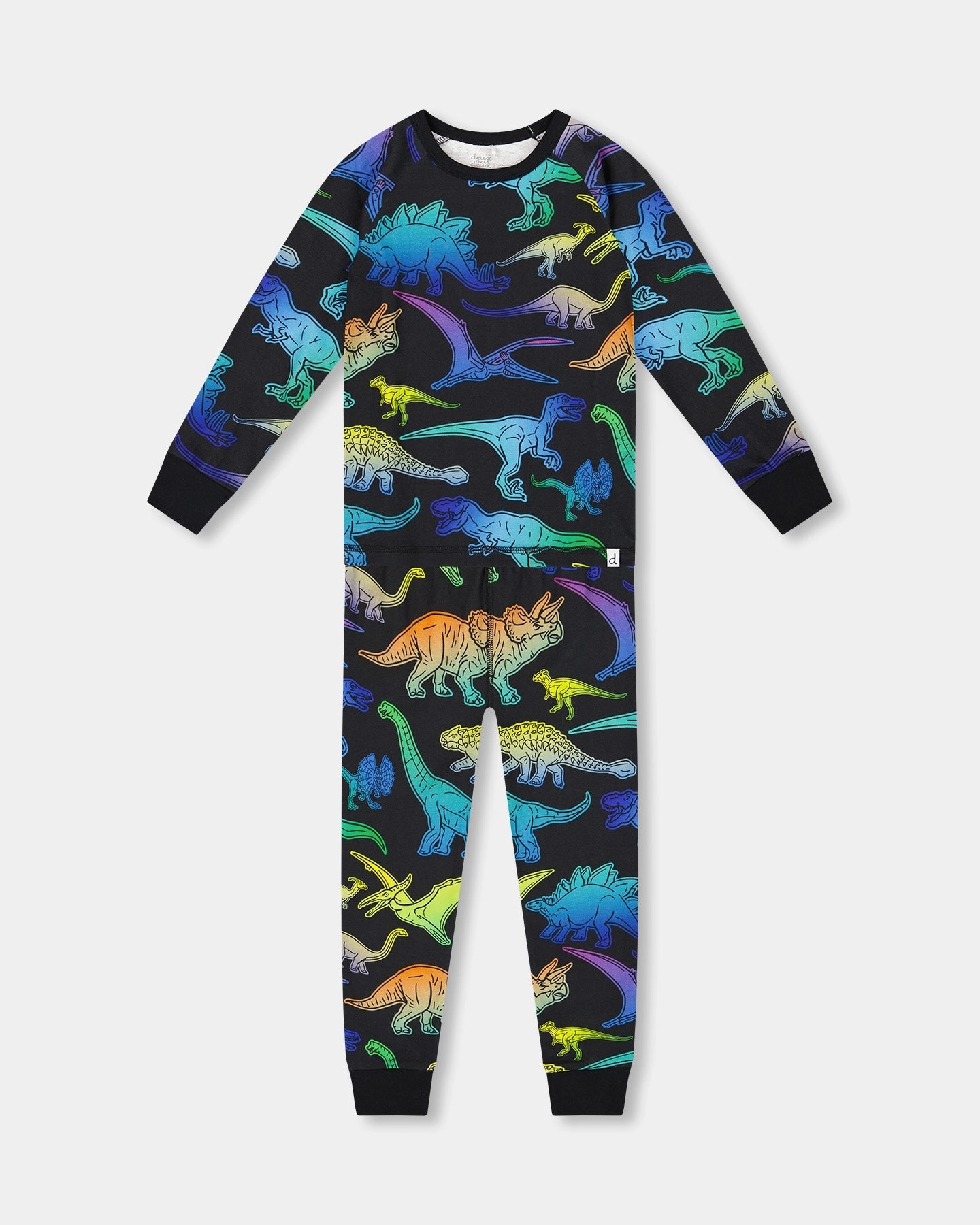 Two-Piece Organic Cotton Pajama Set Black Dinosaur Print Layered Texture
